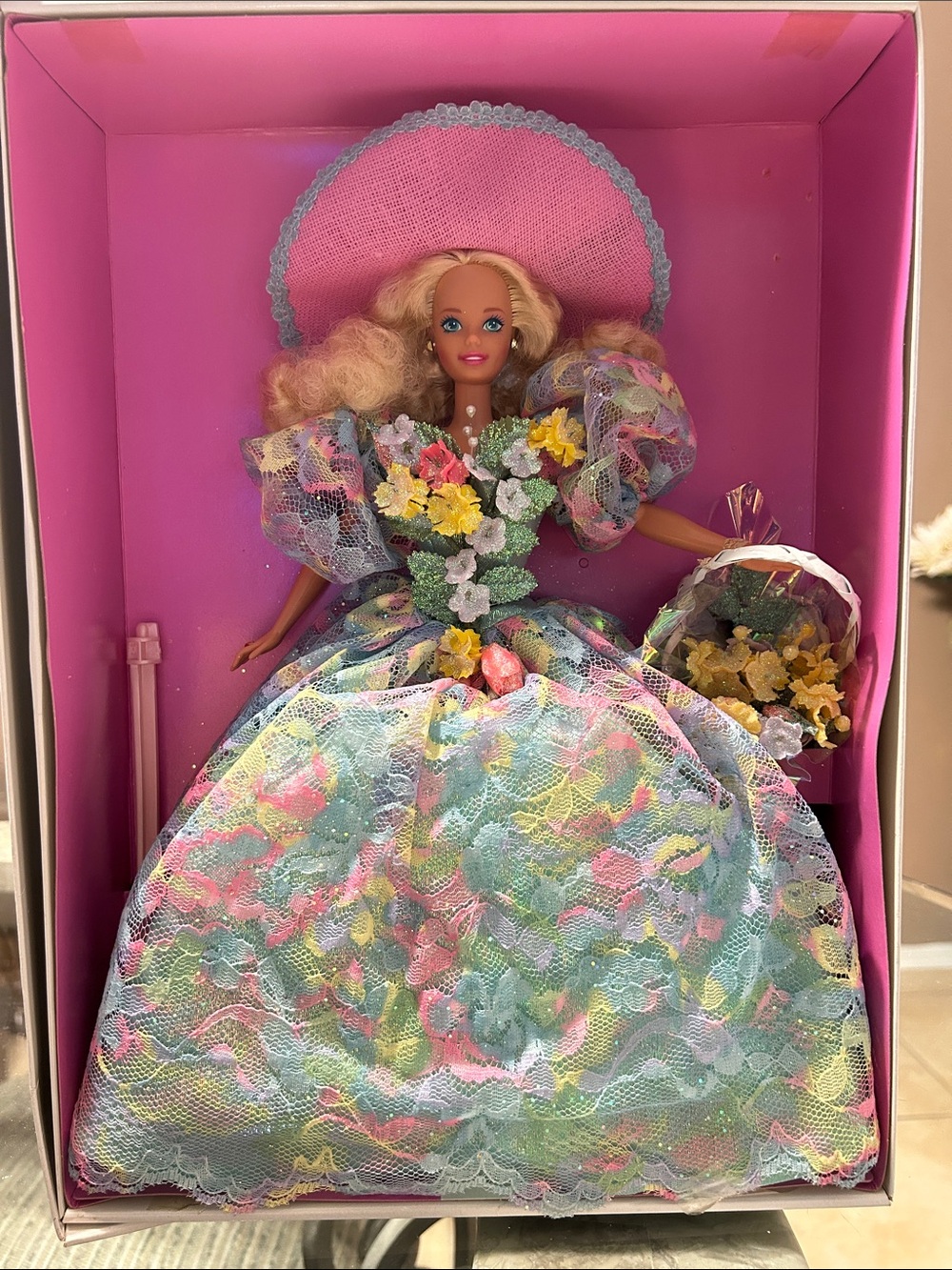 Barbie Pastel Floral Gown with Pink Hat and Flower Basket